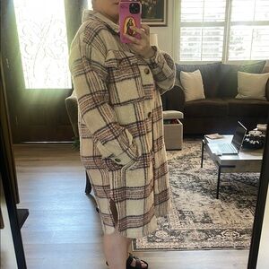Plaid Long Coat with Button Closure
